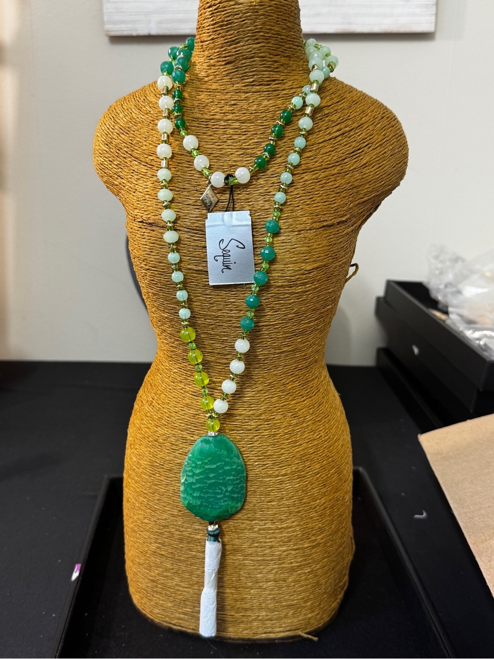Green Beaded Pendant Necklace with Tassel by